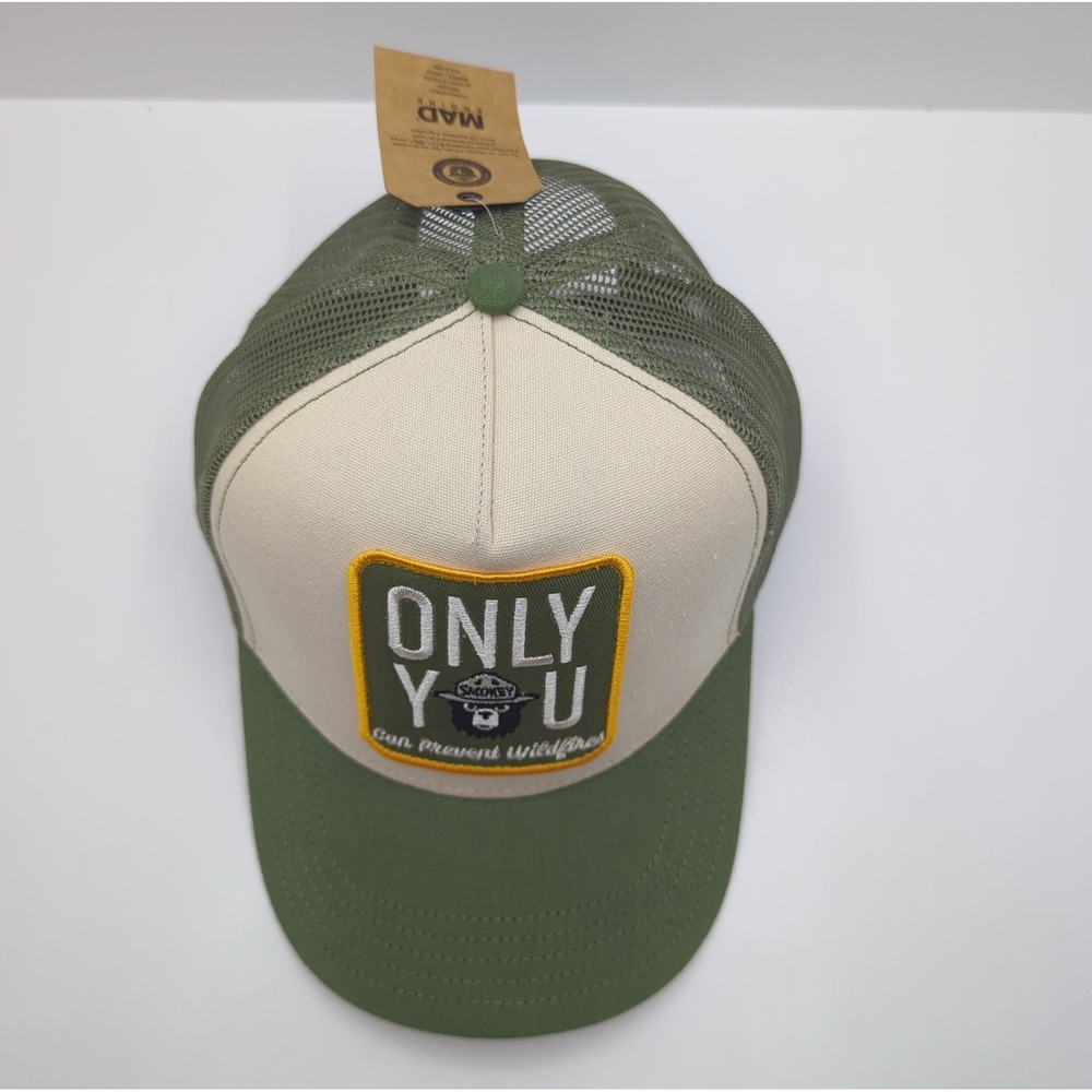 Smokey Bear Only You Prevent Wildfires Trucker Hat Mesh Snapback Green Cream NEW - Picture 8 of 12